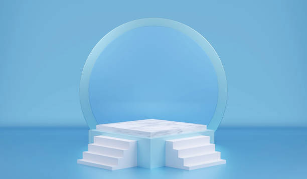 istock The pedestal on background with stand concept Backdrop standing empty shelves 3D illustration. 1334848837