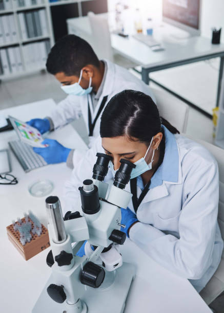 toma de dos jóvenes investigadores trabajando en un laboratorio - microscope laboratory science research fotografías e imágenes de stock