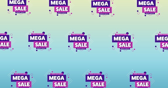 Illustration of rows of sign mega sale on blue background. retail trade sale communication concept, digitally generated image.