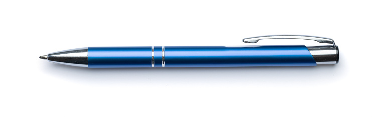 Blue metal business pen on white. Close up of a single blue modern metal ballpoint pen isolated against a white background.