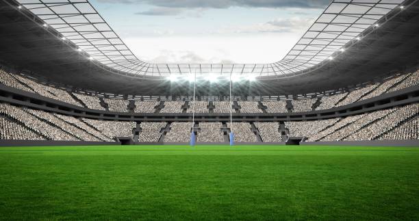 Composition of empty sports stadium with rugby field Composition of empty sports stadium with rugby field. sport, fitness and active lifestyle concept digitally generated image. stadium stock pictures, royalty-free photos & images