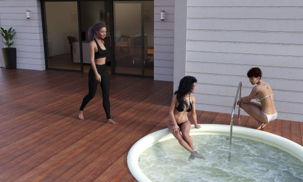 Attractive women talking on an apartment deck with a hot tub. 3d illustration of three women talking on an apartment deck with a recessed deck hot tub with one woman walking toward two. walking into glass door stock pictures, royalty-free photos & images