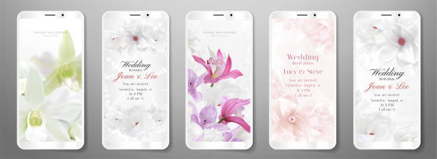 tapeta na telefon, zaproszenie (tło kwiatu smartfona). cyfrowy projekt graficzny z kwiatowym wzorem - wedding reception obrazy stock illustrations