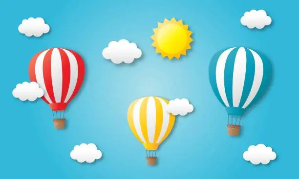 Vector illustration of paper art travel with balloon flying background. vector illustration.