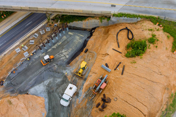 istock Construction for renewing pillars bridge of a under renovation road modern road interchange in US 1334856782