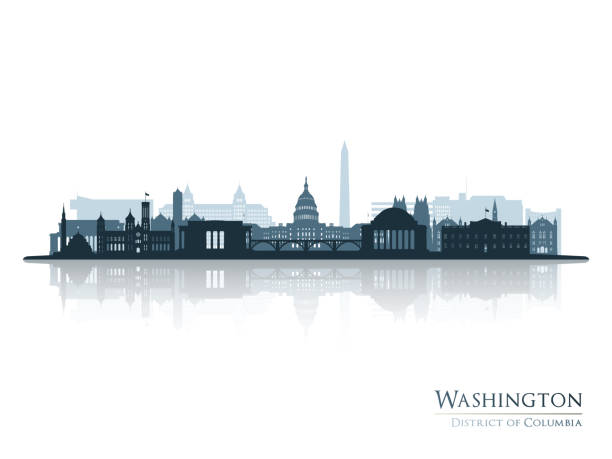 Washington skyline silhouette with reflection. Landscape Washington DC. Vector illustration. Washington skyline silhouette with reflection. Landscape Washington DC. Vector illustration. panoramas stock illustrations