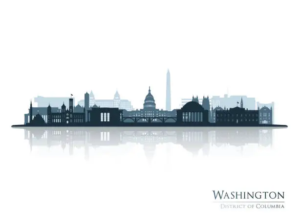 Vector illustration of Washington skyline silhouette with reflection. Landscape Washington DC. Vector illustration.