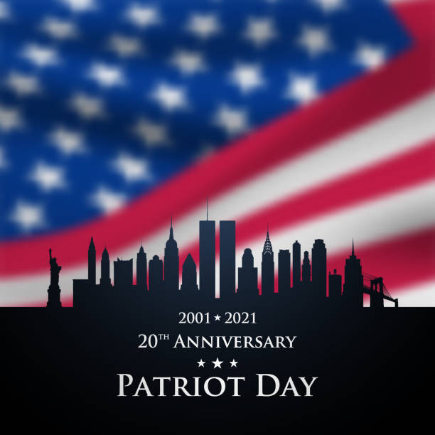 ilustrações de stock, clip art, desenhos animados e ícones de 20 th anniversary patriot day 2001-2021. new york city skyline black silhouette with blurred united states flag. patriot day usa vector banner. - world trade center september 11 new york city manhattan