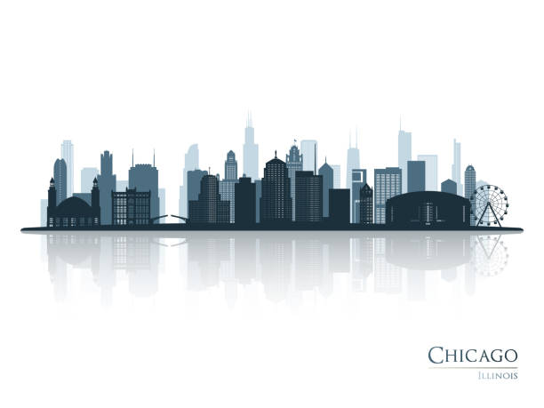 illustrazioni stock, clip art, cartoni animati e icone di tendenza di chicago skyline città silhouette con riflessione. landscape chicago, illinois. illustrazione vettoriale. - panoramas