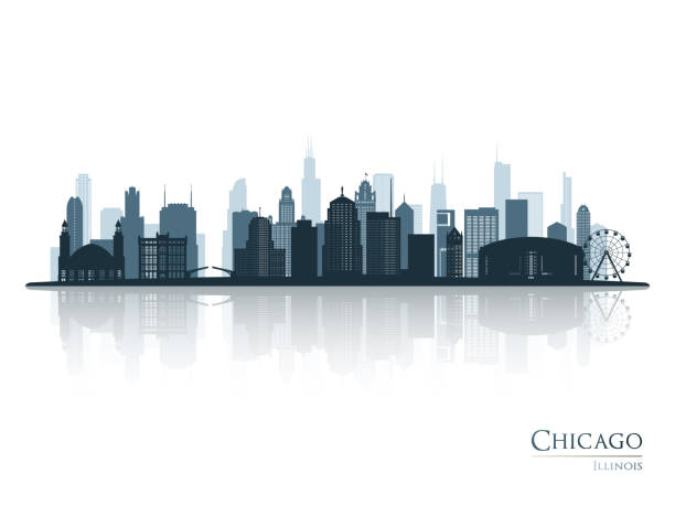 反射を伴うシカゴのスカイラインシティシルエット。風景シカゴ、イリノイ州。ベクターの図。 - 都市の全景点のイラスト素材／クリップアー ト素材／マンガ素材／アイコン素材