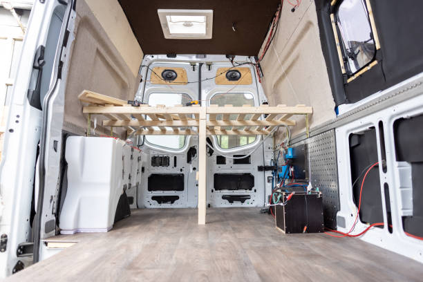 interior of a camper van under construction - custom built imagens e fotografias de stock