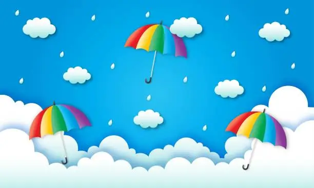 Vector illustration of happy monsoon season background. rainbow in the rainy. paper art style. vector illustration.