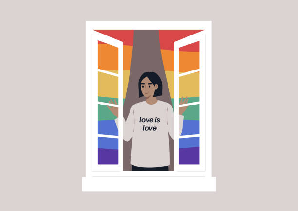 ilustraciones, imágenes clip art, dibujos animados e iconos de stock de un personaje femenino joven que abre la ventana con cortinas arcoíris lgbtq, un concepto que sale - wide awake