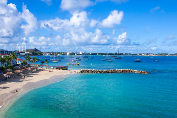 istock Caribbean tropical beach next to the hotel , top view 1334858932