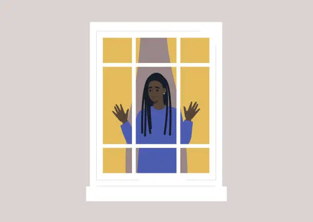 Vector illustration of Coronavirus lockdown, a young female Black character isolated at home, outside view of a window frame