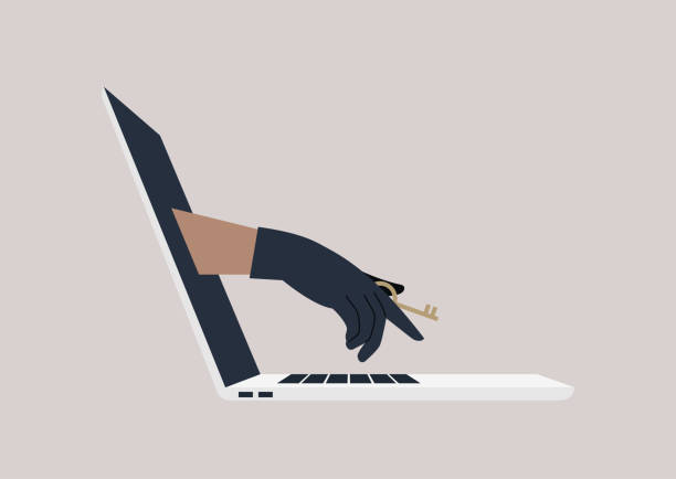 Sensitive information stealing, a hand in a black leather glove holding an access key, data breach concept Sensitive information stealing, a hand in a black leather glove holding an access key, data breach concept key illustrations stock illustrations