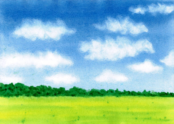 istock Simple watercolor landscape, beautiful hand drawn illustration. Deep blue sky with white clouds, green grass and forest. Summer vacation spirit. Creative background for design 1334859482