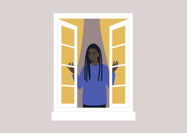 ilustraciones, imágenes clip art, dibujos animados e iconos de stock de un joven personaje negro femenino que abre la ventana, rituales matutidos, estilo de vida diario - wide awake