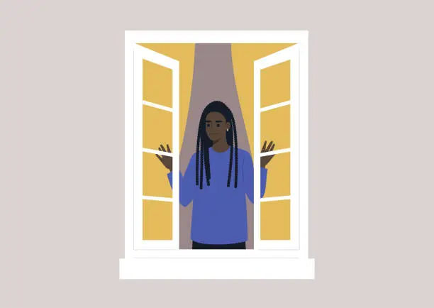 Vector illustration of A young female Black character opening the window, morning rituals, daily lifestyle