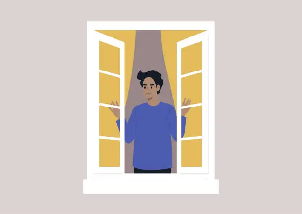 Vector illustration of A young male character opening the window, morning rituals, daily lifestyle