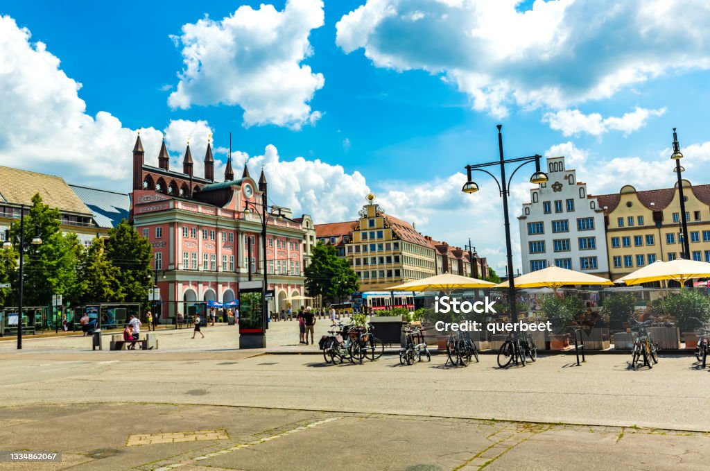 Downtown Rostock with city hall Rostock Stock Photo