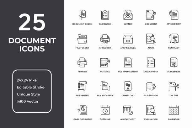 ドキュメントと書類の細線アイコンセット - stack tax paper document点のイラスト素材／クリップアート素材／マンガ素材／アイコン素材