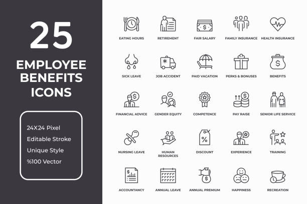 ilustraciones, imágenes clip art, dibujos animados e iconos de stock de conjunto de iconos de línea delgada de beneficios para empleados - salary