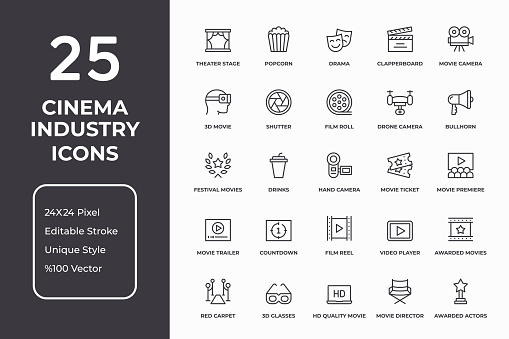 Vector Style Editable Stroke Cinema Industry Thin Line Icon Set