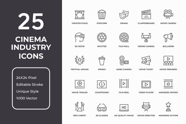 Cinema Industry Thin Line Icon Set Vector Style Editable Stroke Cinema Industry Thin Line Icon Set arts culture and entertainment stock illustrations