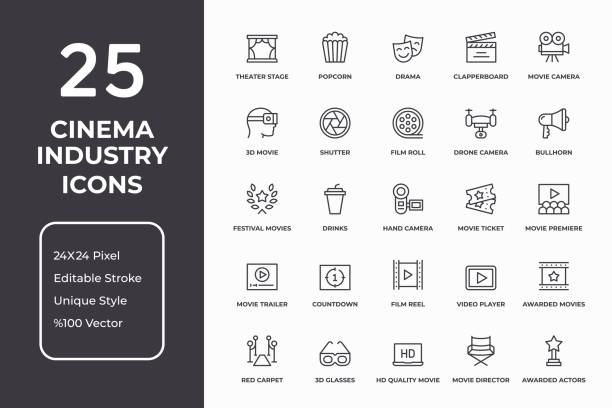 Cinema Industry Thin Line Icon Set Vector Style Editable Stroke Cinema Industry Thin Line Icon Set film industry stock illustrations