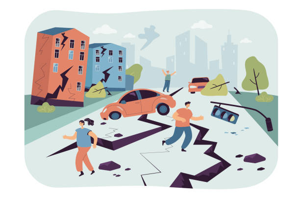 people escaping earthquake flat vector illustration - deprem stock illustrations