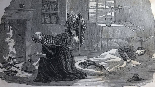 Antique Illustration - woman kneeling by fireplace cooking for a sick Civil War soldier who is laying on the floor From Nurse and Spy in the Union Army - 1865 civil war stock illustrations