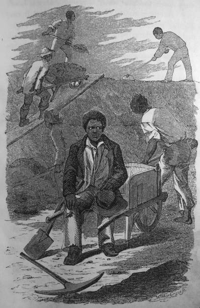 Antique Illustration - Black men working with pick axes and shovels From Nurse and Spy in the Union Army - 1865 drawing of slaves working stock illustrations