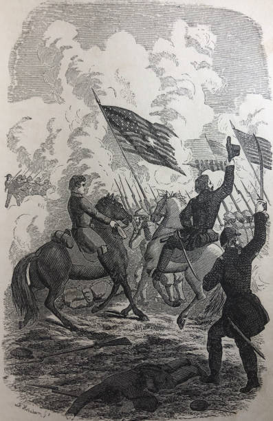ilustracja antyczna - żołnierze wojny secesyjnej z bronią i mieczami w bitwie - civil war stock illustrations