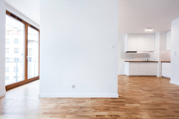 빈 새 아파트 인테리어 - small domestic kitchen apartment rental 뉴스 사진 이미지