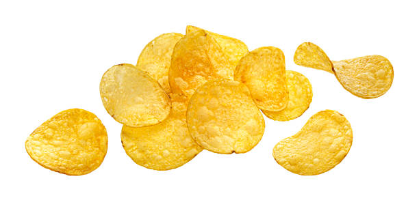 istock Heap of natural potato chips isolated on white background 1334868184