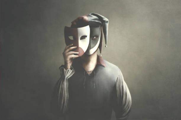 Illustration of jester clown with theatrical masks Illustration of jester clown hiding his face with theatrical masks, surreal concept two faced stock illustrations