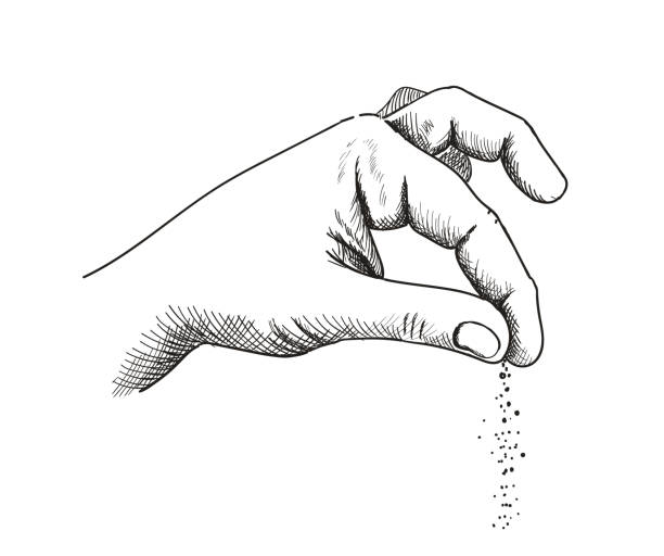 Hand with salt, hands gesture salting food Hand with salt, hands gesture salting food line art, vector cooking symbol hand drawn sketch illustration. human limb stock illustrations