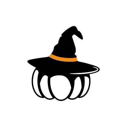 Witch hat on pumpkin silhouette vector illustration. Halloween cartoon style object for svg cut files