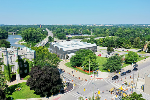 An aerial of Museum London in London, Ontario, Canada. A history and art museum founded in 1940