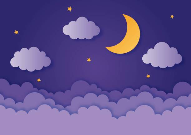 istock night sky. moon, stars and clouds in midnight. paper art style. vector Illustration. 1334873092