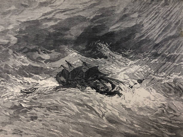 Antique illustration - sailing ship caught in hurricane off the cape of good hope - large waves from storm Antique illustration cape peninsula stock illustrations