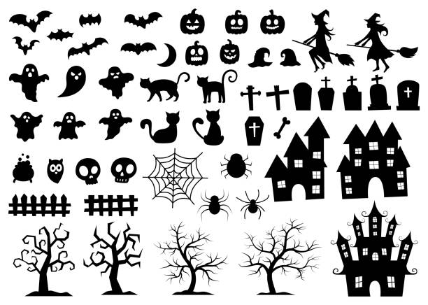 set elements for halloween silhouettes icon and characters isolated on white background. vector set elements for halloween silhouettes icon and characters isolated on white background. vector halloween icons stock illustrations