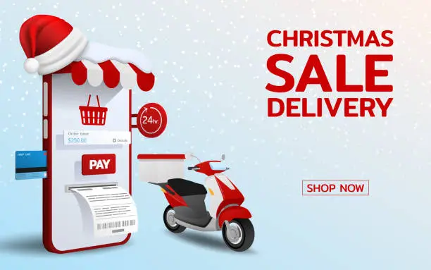 Vector illustration of Online shopping in Merry Christmas theme with Santa hat, ready to delivery by motorbike 3d perspective vector design. Trading online by credit card, fast, safe and provide convenience service.