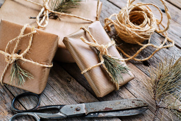 istock Gift packages wrapped in kraft paper tied with jute 1334882966