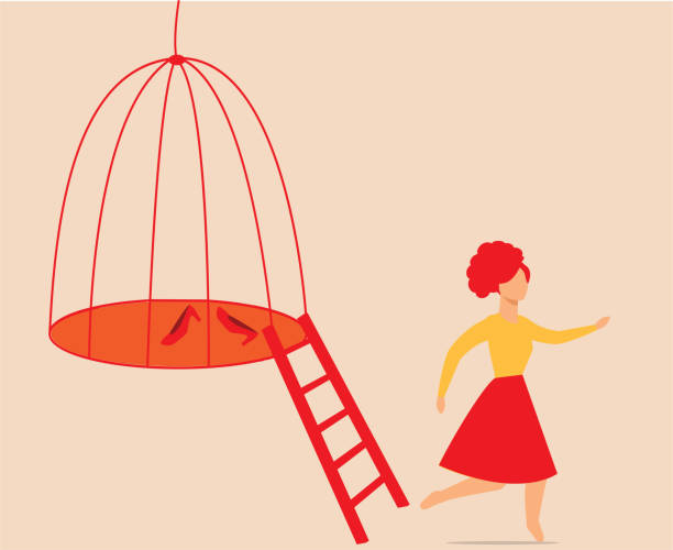 Woman escaping from a bird cage. Female steps out of prison. Girl getting out of a locked space. Concept of freedom, mental health issues, rehabilitation, taking new opportunities and chalenges. Vector illustration breaking glass ceiling stock illustrations