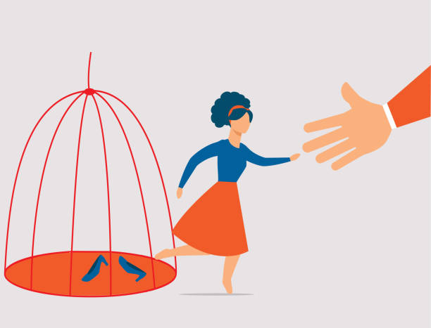 Woman escaping from the cage. Female steps out and get help by people. Girl getting out of prison. Vector illustration. Concept of freedom, mental health therapy rehabilitation, taking new opportunities, Women empowerment, gender equality. Flat design style. breaking glass ceiling stock illustrations