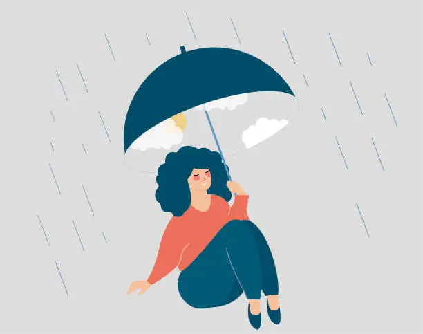 Vector illustration of Young woman with happy face covers herself from the rain. Inner world concept. Vector illustration.