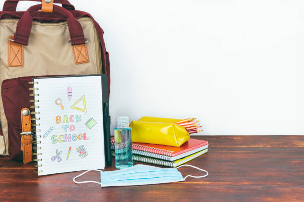 istock Notebook with back to school drawing. Backpack and school material with mask and gel. Copy space 1334884360