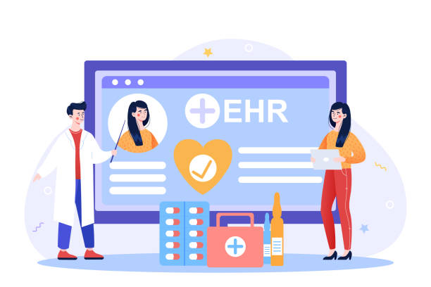 Electronic Health Record Electronic Health Record. Doctors analyze patient EHR to make correct diagnosis. Prescribe treatment. Specialist uses smartphone to transfer data. Progressive technology in hospital. Flat illustration cartoon of medical records stock illustrations